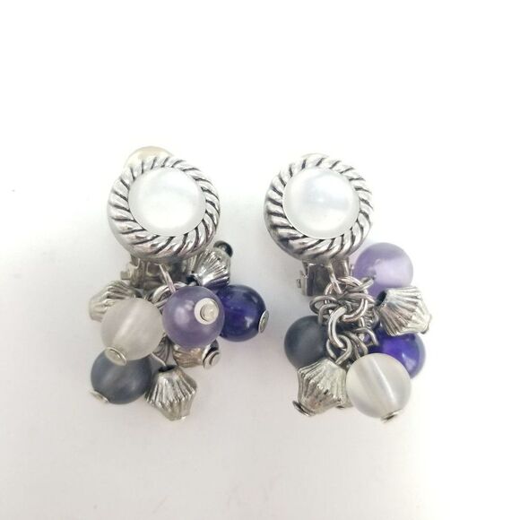 Vintage Silver Tone Clip On Earrings with Beaded Purple Blue Drop, Retro Design - Picture 6 of 6